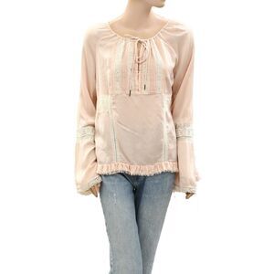 272667 Odd Molly Anthropologie Tunic Top Pintuck Lace Ruffle Long Sleeve L-3 NEW